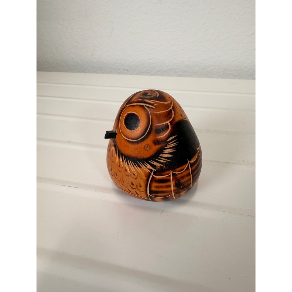 Vintage Peru Hand Carved Dried Gourd Owl Figurine Folk Art Bird Ornament Shaker